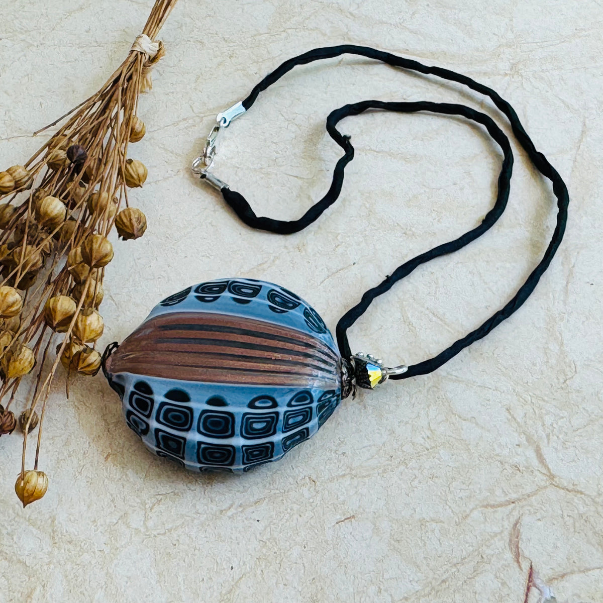 Huge Blown & Sculpted Murano Glass Pendant on Silk Cord