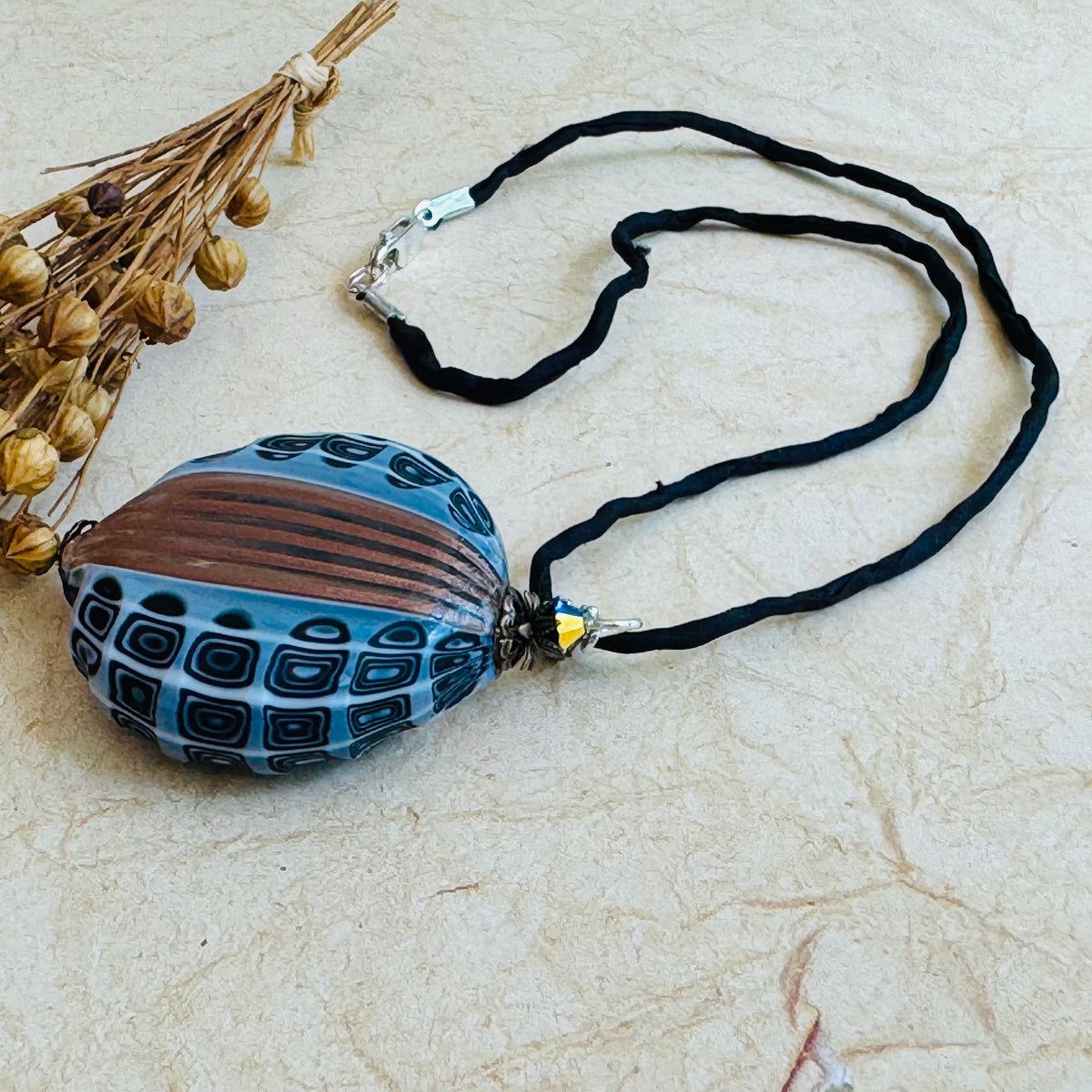 Huge Blown & Sculpted Murano Glass Pendant on Silk Cord