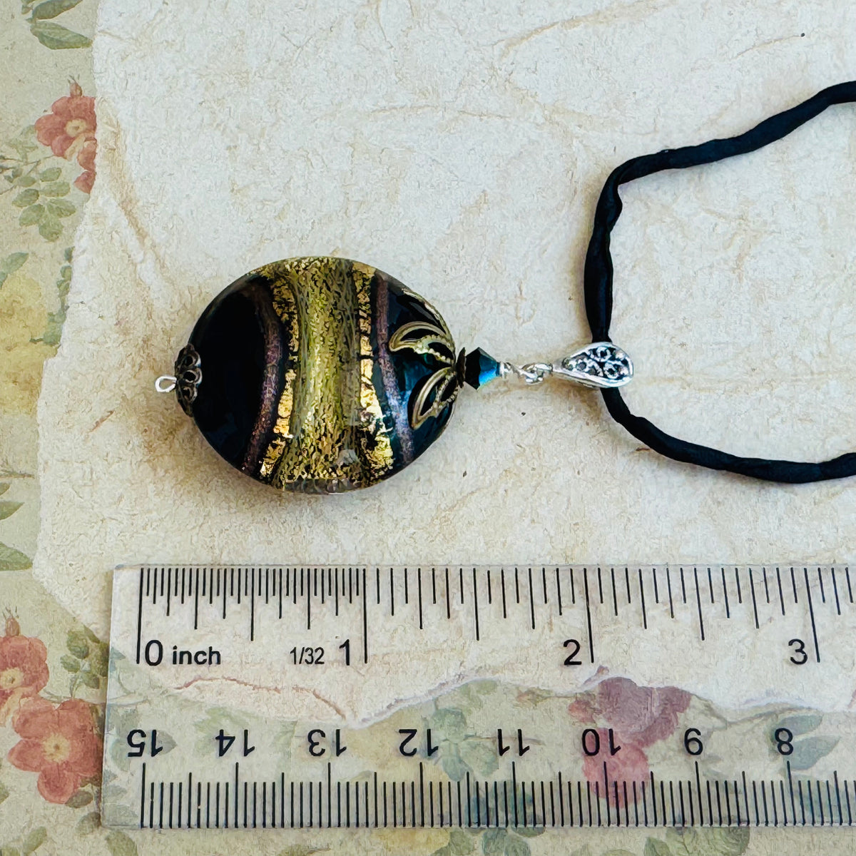Black and Gold Murano Glass with 24K Gold Foil on Silk Cord