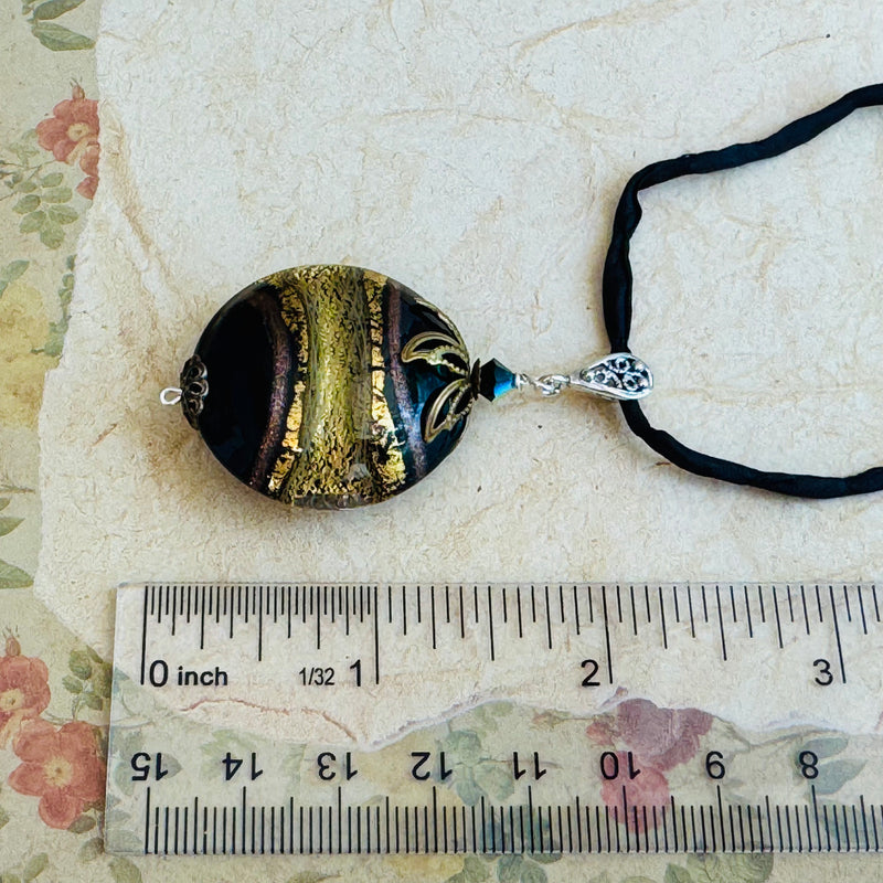 Black and Gold Murano Glass with 24K Gold Foil on Silk Cord