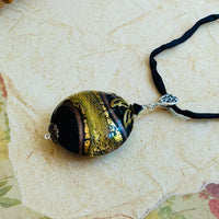 Black and Gold Murano Glass with 24K Gold Foil on Silk Cord