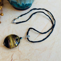 Black and Gold Murano Glass with 24K Gold Foil on Silk Cord