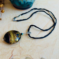 Black and Gold Murano Glass with 24K Gold Foil on Silk Cord