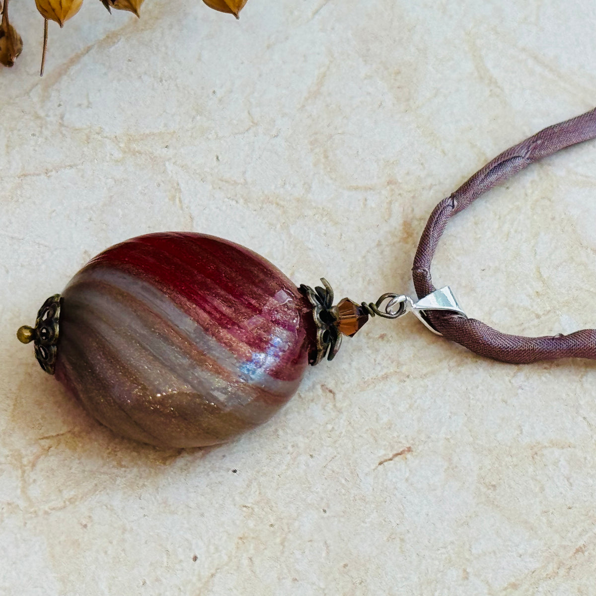 Rust and Bronze Blown Murano Mouth Blown Coin Pendant on Silk Cord