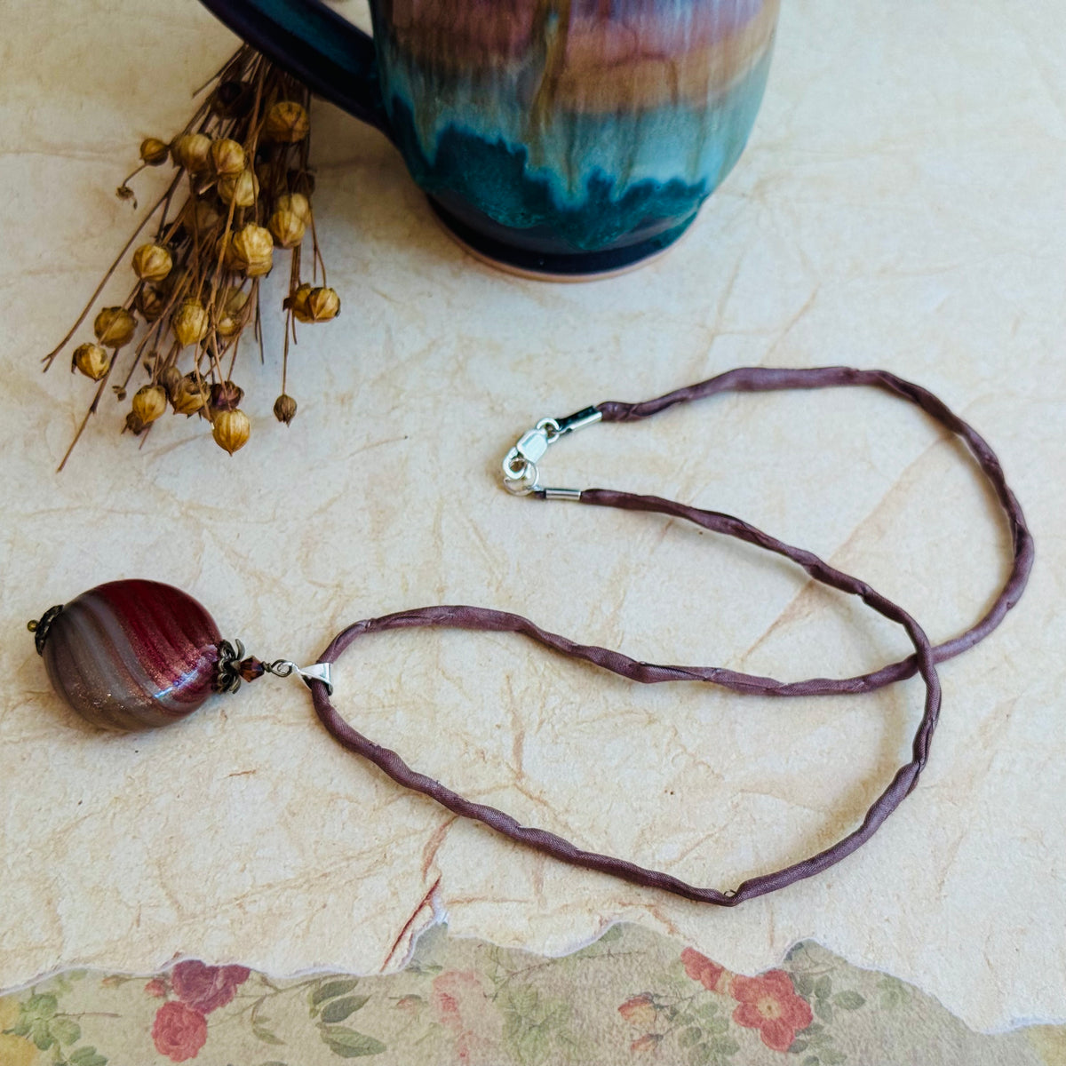 Rust and Bronze Blown Murano Mouth Blown Coin Pendant on Silk Cord