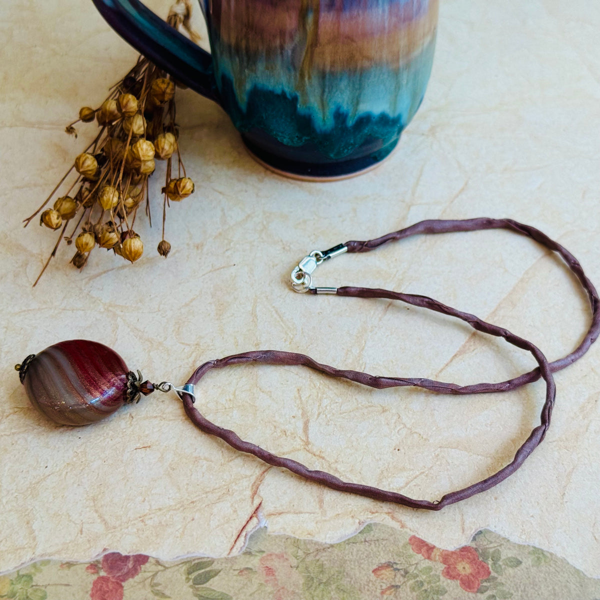 Rust and Bronze Blown Murano Mouth Blown Coin Pendant on Silk Cord