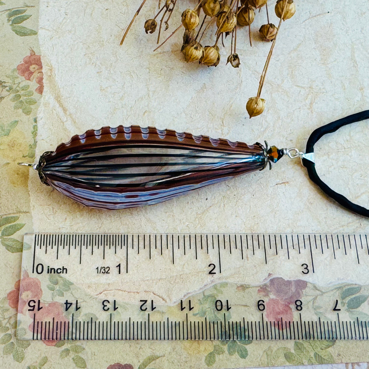 Black and Brown Murano Glass Sculpted Teardrop Bead on Silk Cord