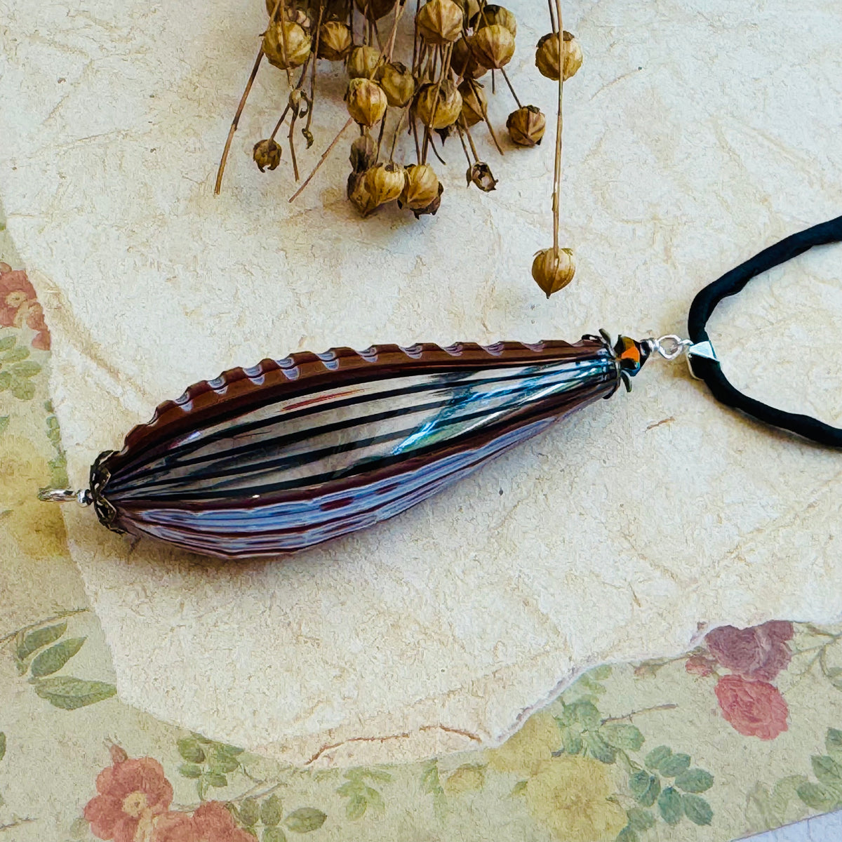 Black and Brown Murano Glass Sculpted Teardrop Bead on Silk Cord