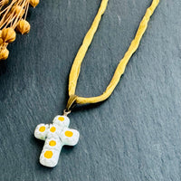 Yellow and White Murano Millefiori Glass Cross Pendant on Gold Silk