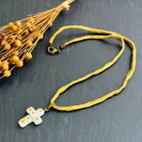 Yellow and White Murano Millefiori Glass Cross Pendant on Gold Silk