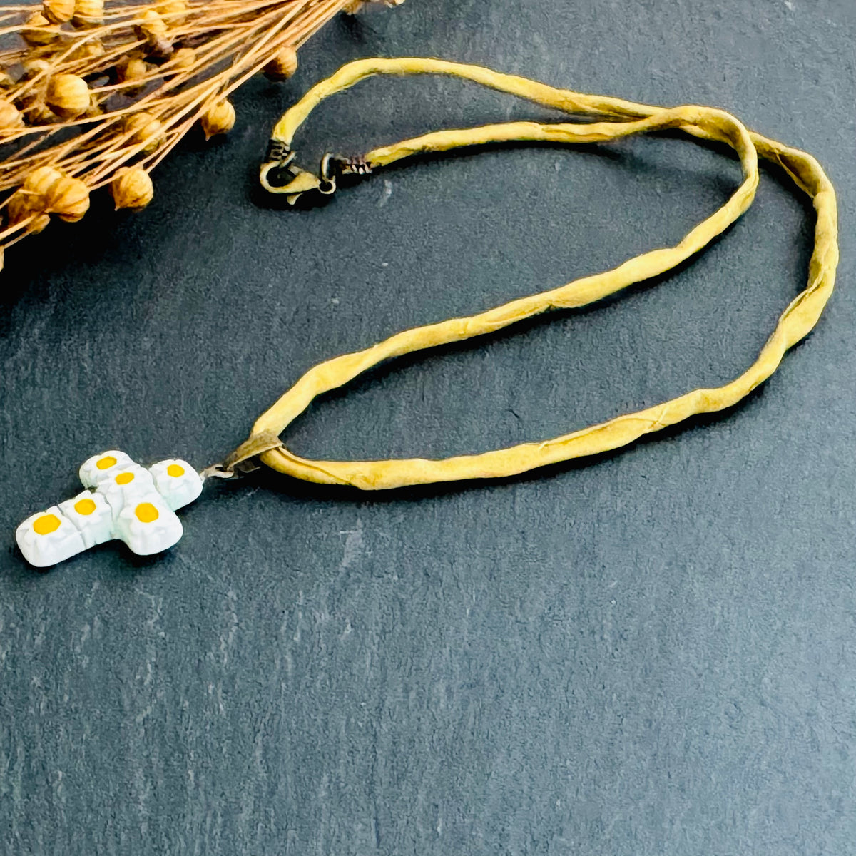 Yellow and White Murano Millefiori Glass Cross Pendant on Gold Silk