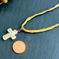 Yellow and White Murano Millefiori Glass Cross Pendant on Gold Silk