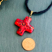 Red Murano Millefiori Glass Cross Pendant on Black Silk