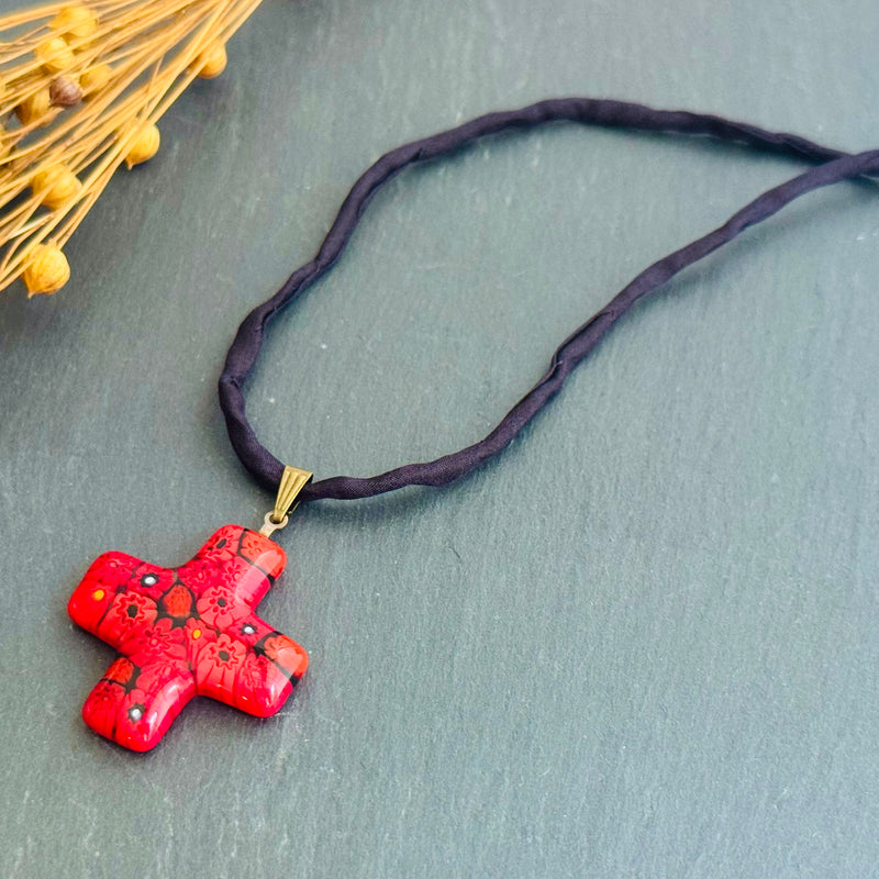 Red Murano Millefiori Glass Cross Pendant on Black Silk