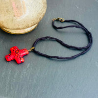 Red Murano Millefiori Glass Cross Pendant on Black Silk