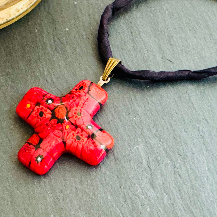 Red Murano Millefiori Glass Cross Pendant on Black Silk