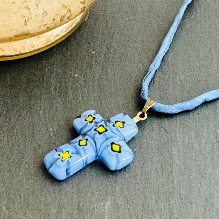 Light Blue and Yellow Murano Millefiori Glass Cross Pendant on Blue Silk