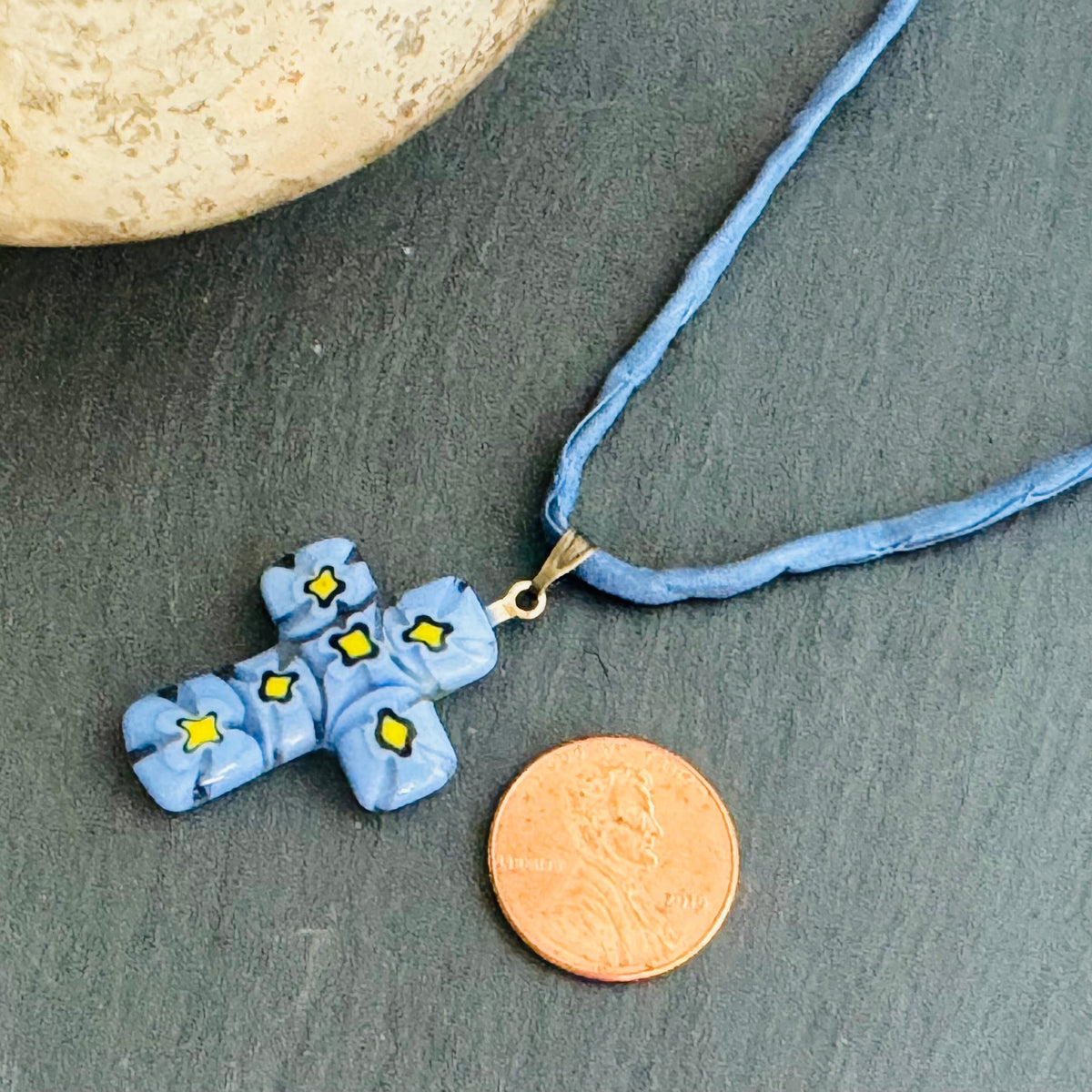 Light Blue and Yellow Murano Millefiori Glass Cross Pendant on Blue Silk