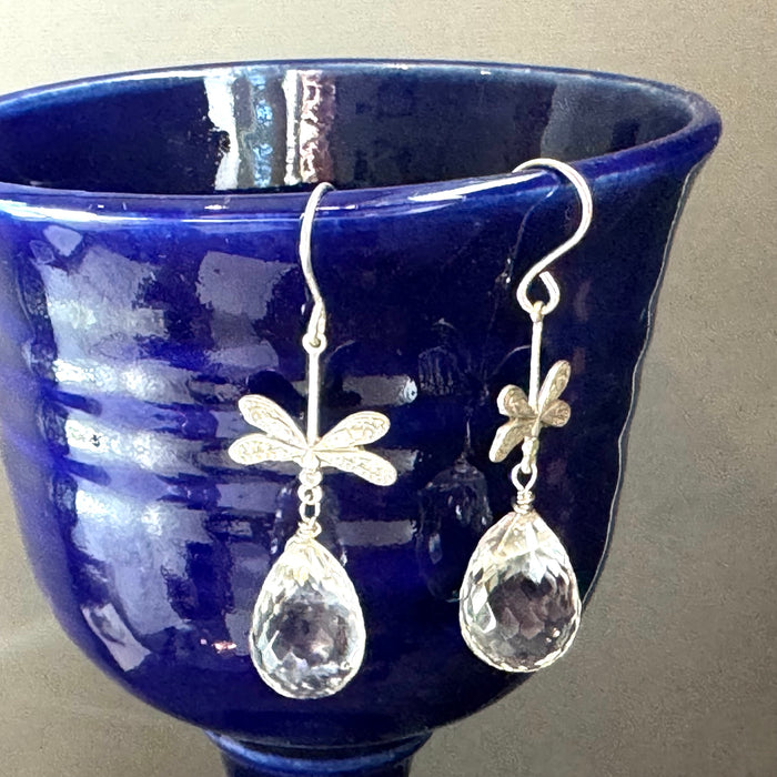 Large Crystal Quartz Briollet Dragon Fly Earrings in Sterling Silver