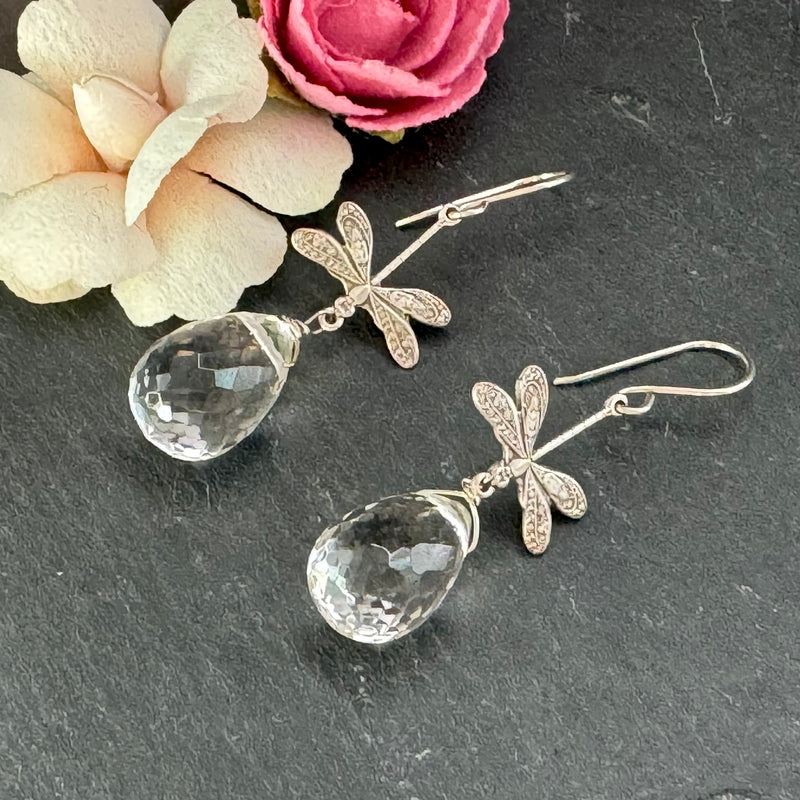 Large Crystal Quartz Briollet Dragon Fly Earrings in Sterling Silver