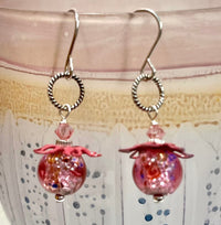 Funky Vintage Czech Lampwork Glass Pink Foil Earrings in Sterling Silver