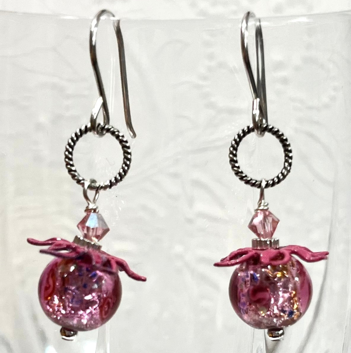 Funky Vintage Czech Lampwork Glass Pink Foil Earrings in Sterling Silver