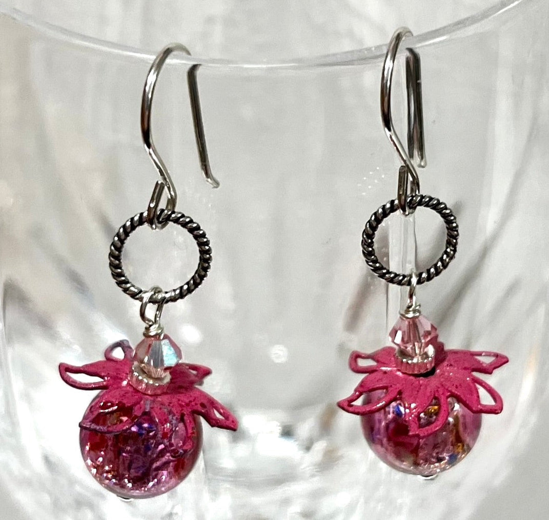 Funky Vintage Czech Lampwork Glass Pink Foil Earrings in Sterling Silver