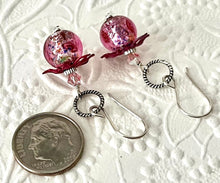 Load image into Gallery viewer, Funky Vintage Czech Lampwork Glass Pink Foil Earrings in Sterling Silver
