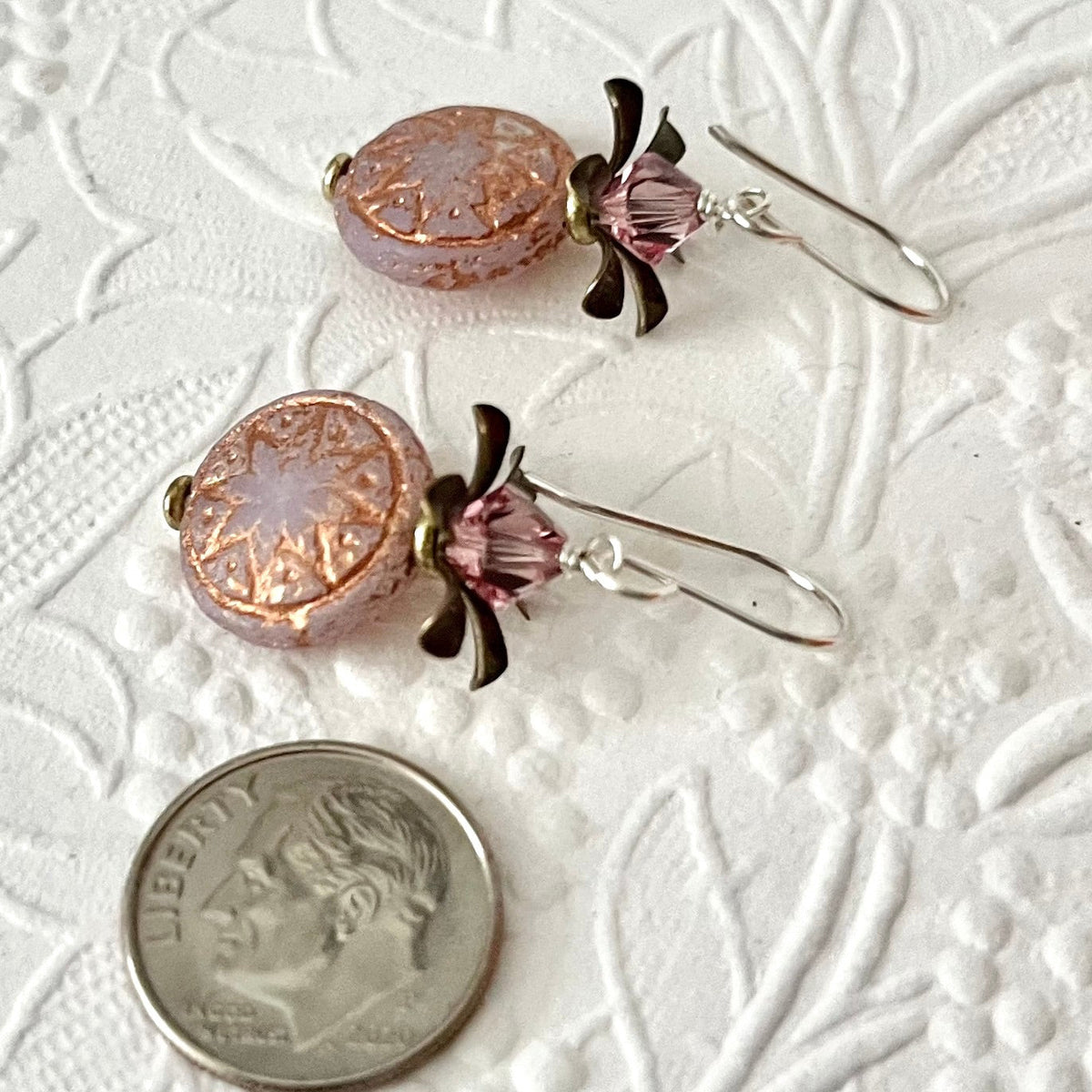 Czech Glass Pink Opaline and Copper Ishtar Coin Bead Earrings in Sterling Silver