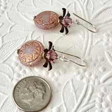 Load image into Gallery viewer, Czech Glass Pink Opaline and Copper Ishtar Coin Bead Earrings in Sterling Silver
