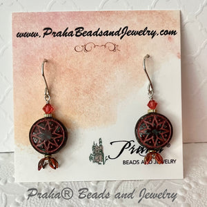 Czech Glass Red Ishtar Coin Earrings in Sterling Silver