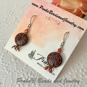 Czech Glass Red Ishtar Coin Earrings in Sterling Silver