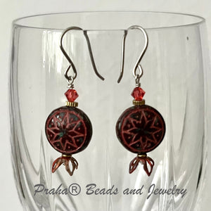 Czech Glass Red Ishtar Coin Earrings in Sterling Silver