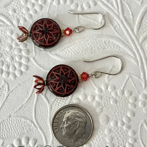 Czech Glass Red Ishtar Coin Earrings in Sterling Silver