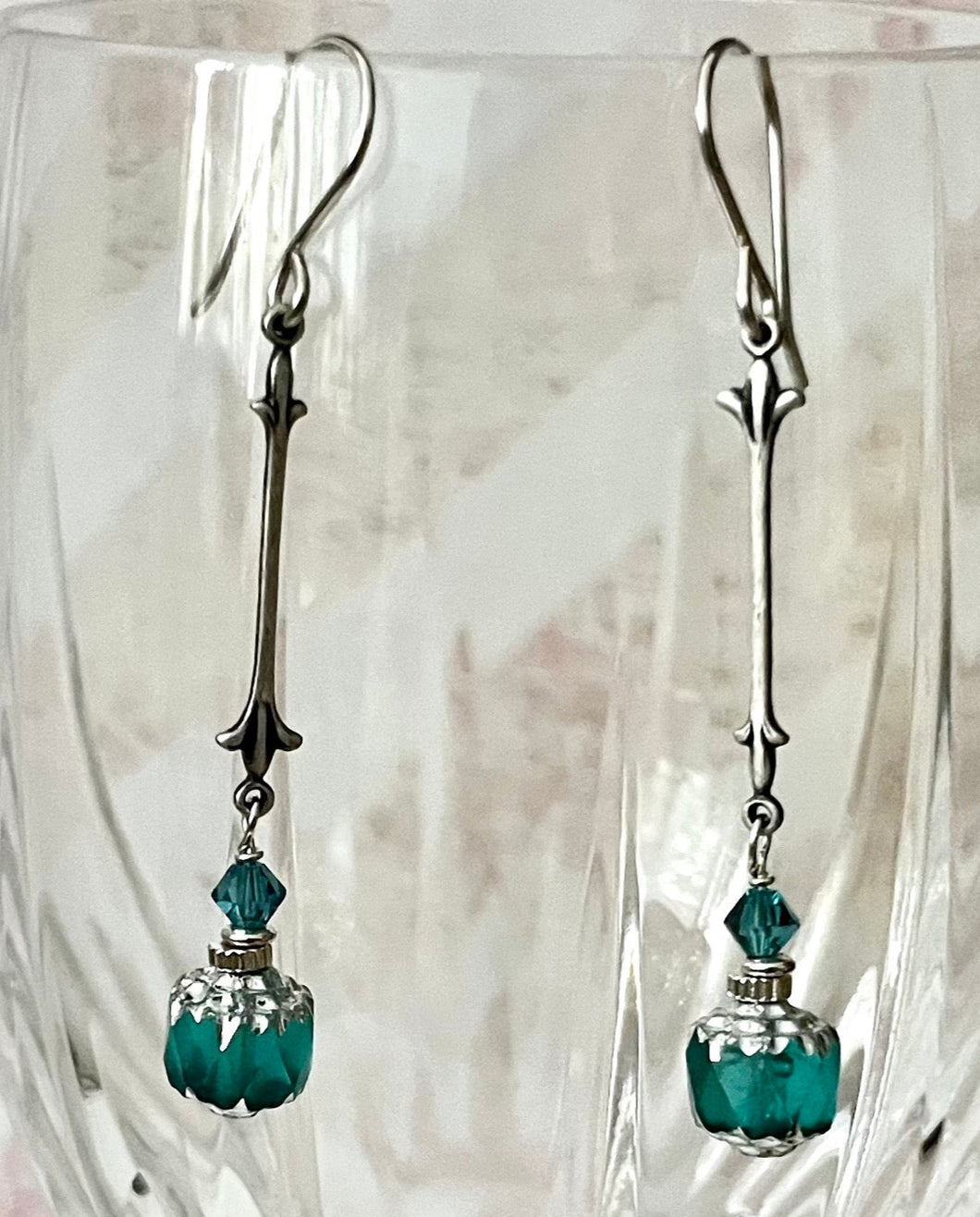 Czech Glass Caribbean Blue Cathedral Earrings in Sterling Silver