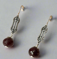 Raw Ruby Rondell and Floral Rosebud Link Earrings in Sterling Silver