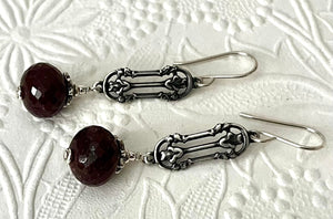 Raw Ruby Rondell and Floral Rosebud Link Earrings in Sterling Silver