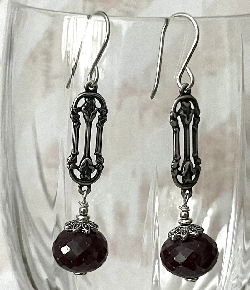 Raw Ruby Rondell and Floral Rosebud Link Earrings in Sterling Silver