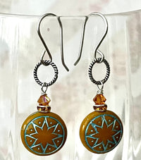 Czech Glass Orange and Blue Ishtar Earrings in Sterling Silver