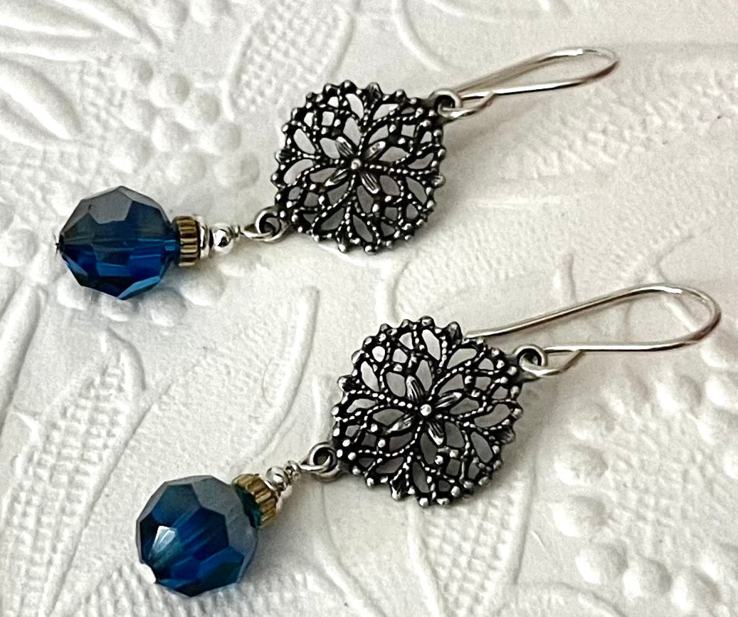 Bright Blue Swarovski Crystal Drop Earrings in Sterling Silver