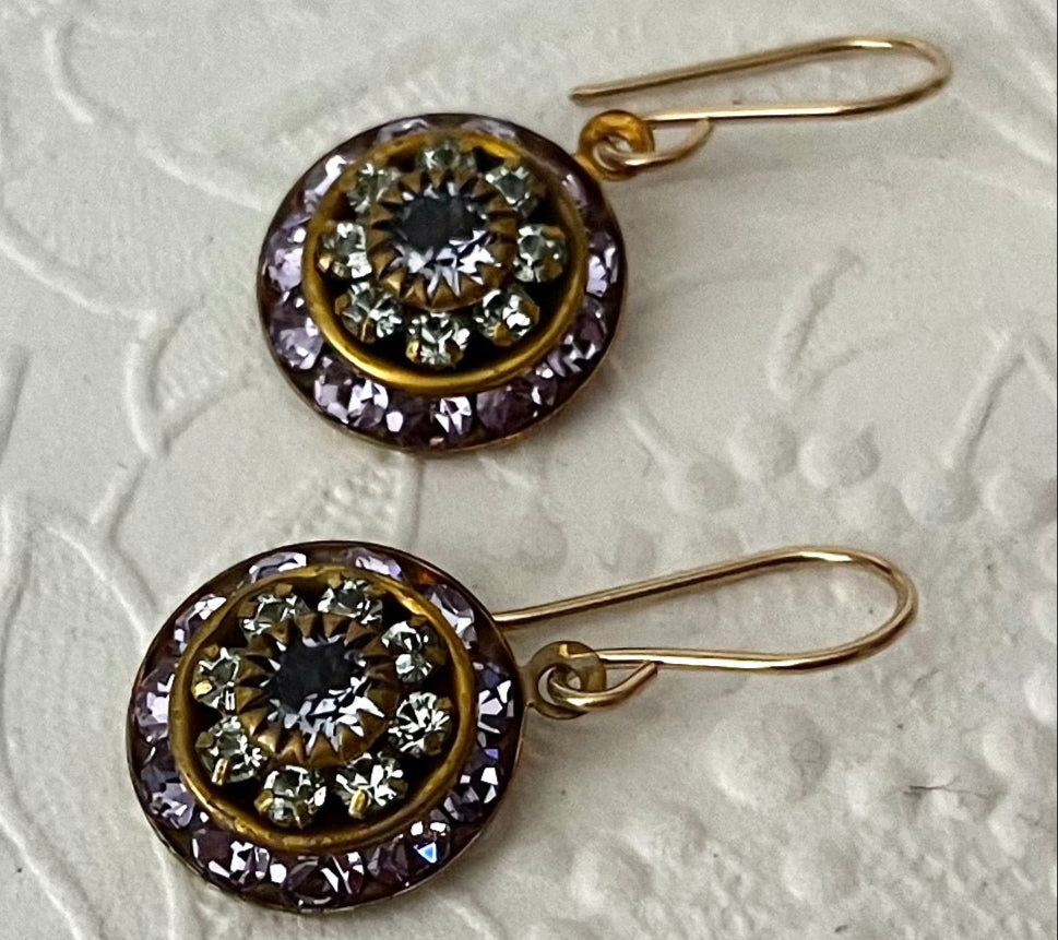 Vintage Three Layer Swarovski Crystal Filigree Earrings in Tanzanite, Aqua and Sapphire, Mixed Metal