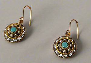 Vintage Three Layer Swarovski Crystal Filigree Earrings in Turquoise, Crystal and Pearl, Mixed Metal