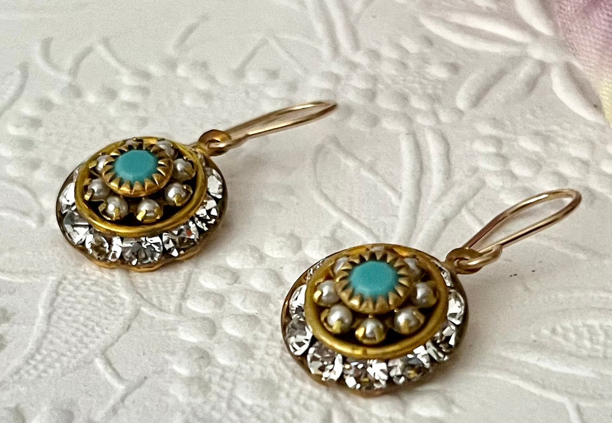 Vintage Three Layer Swarovski Crystal Filigree Earrings in Turquoise, Crystal and Pearl, Mixed Metal