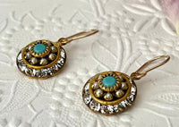 Vintage Three Layer Swarovski Crystal Filigree Earrings in Turquoise, Crystal and Pearl, Mixed Metal