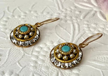 Load image into Gallery viewer, Vintage Three Layer Swarovski Crystal Filigree Earrings in Turquoise, Crystal and Pearl, Mixed Metal
