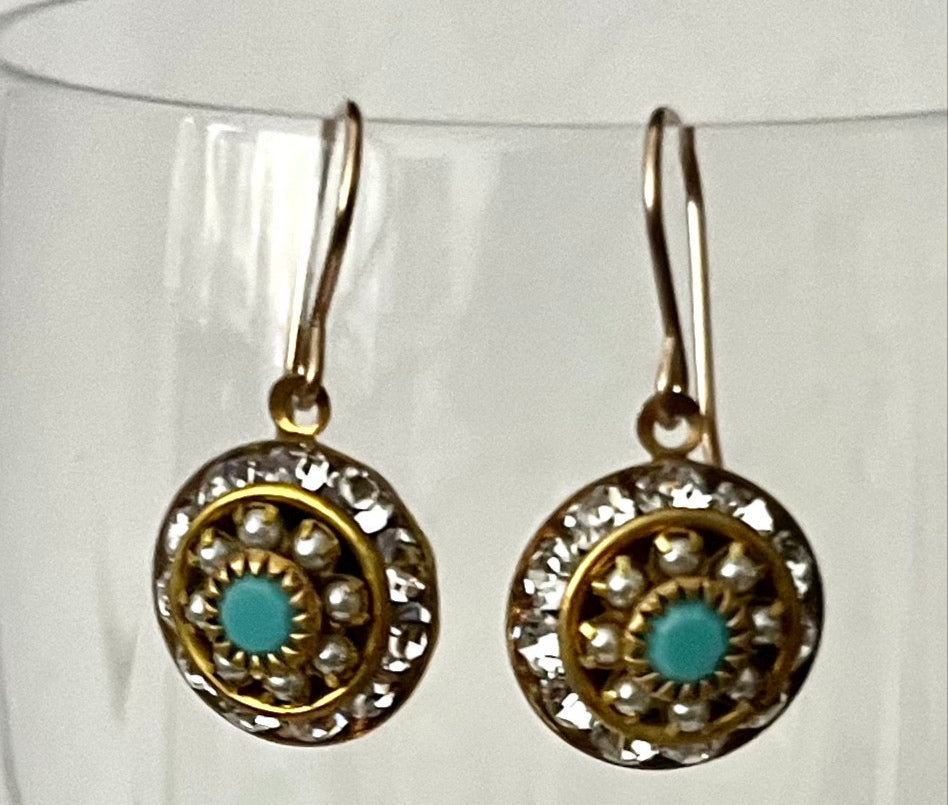 Vintage Three Layer Swarovski Crystal Filigree Earrings in Turquoise, Crystal and Pearl, Mixed Metal