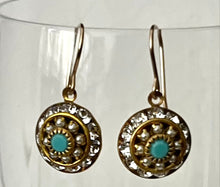 Load image into Gallery viewer, Vintage Three Layer Swarovski Crystal Filigree Earrings in Turquoise, Crystal and Pearl, Mixed Metal
