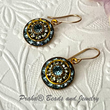 Load image into Gallery viewer, Vintage Three Layer Swarovski Crystal Filigree Earrings in Light Green and Topaz, Mixed Metal
