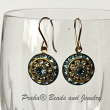 Load image into Gallery viewer, Vintage Three Layer Swarovski Crystal Filigree Earrings in Light Green and Topaz, Mixed Metal
