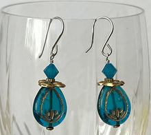 Load image into Gallery viewer, Czech Glass Caribbean Blue Lotus Earrings, Mixed Metal
